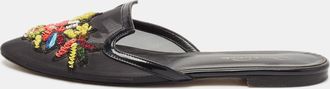 Oscar De La Renta Oscar De La Renta Black Mesh And Patent Leather Embellished Flat Mules
