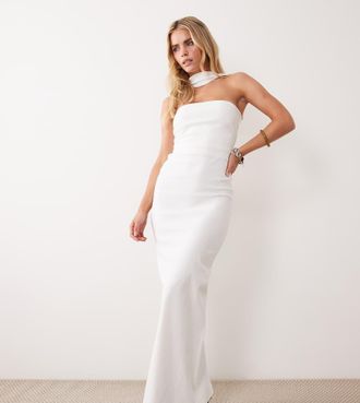 Vesper Vestito lungo a fascia in bengalina bianca con finiture sul retro e collarino-Bianco