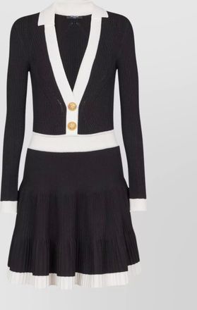 Balmain v-neckline pleated skirt long sleeves dress