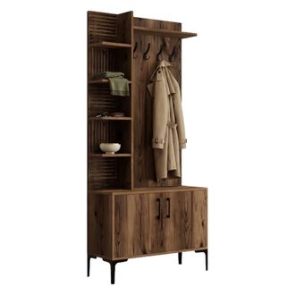 Dmora Mueble De Entrada Pecchi, 8 Estantes, Perchero, Puerta Abatible, 90x35x200h Cm Marr&oacute;n Nogal