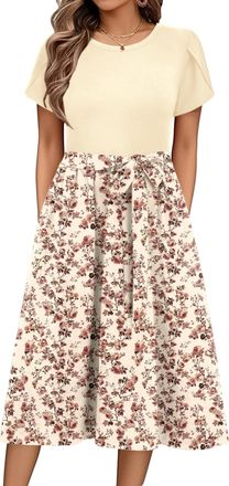 Zeagoo Womens Summer Dresses Crew Neck Short Sleeve Floral Dress Wrap Waist Casual Beach Dress Elegant A Line Midi Dresses Floral-F L