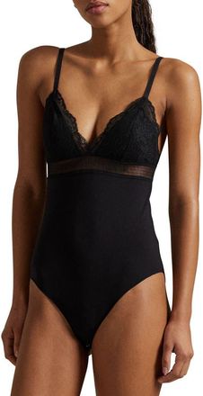 Polo Ralph Lauren Lace & Stretch Cotton Rib Triangle Bodysuit in Onyx at Nordstrom, Size X-Large