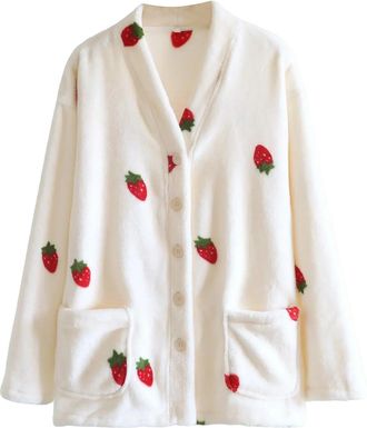 Generic Button Front Flannel Bed Jackets for Women Nightwear Coat Long Sleeve Collared Loungewear Jacket with Pockets Warm Fleece Ladies Housecoats for Cosy S