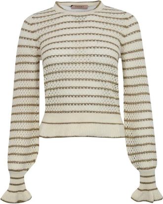 Twinset Mesh Trui met Lurex Strepen - Dames - Ronde hals truien - Beige - XS - Katoen - Truien & Vesten