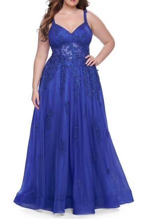 La Femme Lace Embellished Tulle A-Line Dress with Illusion Back in Royal Blue at Nordstrom, Size 12W
