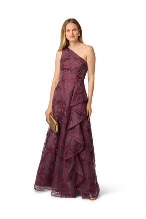 Adrianna Papell Womens Embroidered Ruffle Gown - Purple - Size 18 UK