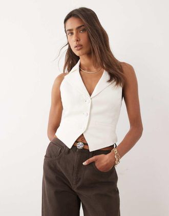 Good American Luxe - Gilet da abito allacciato al collo color panna tenue in coordinato-Bianco