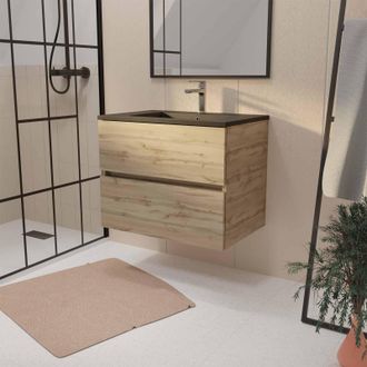 Aurlane Aurlane - Mueble De Ba&ntilde;o 70 Cm Decorado Roble Con 2 Cajones Y Lavabo Cer&aacute;mica Negra