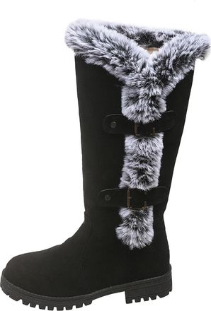Generic Womens Thick Plush Mid-Calf Snow Boots, Round Top Warm Faux Suede Boots with Buckle, Fur Trim Slip On Walking Shoes for Winter (Black,8.5)
