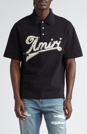 Amiri Distressed Logo Cotton Piqué Polo in Black at Nordstrom, Size Xx-Large