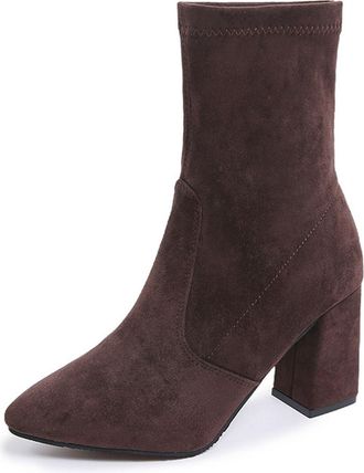 Generic Ankle Boots with Thick Heel and Pointed Toe for Women, Faux Suede Chelsea Boots, Non-Slip Vintage Short Booties for Evening Party (Brown,7.5)