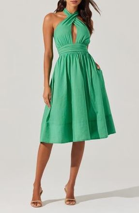 ASTR the Label Kalia Halter Neck Linen & Cotton Dress in Green at Nordstrom Rack, Size X-Small