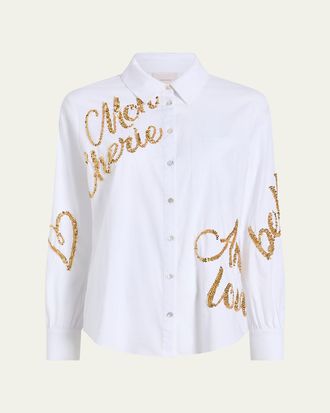 Cinq &agrave; Sept Crushed Sequin Loveletter Blanche Button-Front Shirt