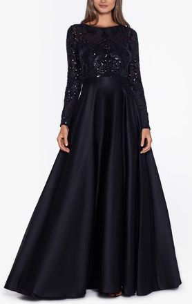 Betsy & Adam Sequin Long Sleeve Ballgown in Black/Black at Nordstrom, Size 10