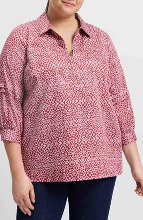 Foxcroft Frankie Abstract Print Cotton Sateen Popover Top in Red at Nordstrom Rack, Size 3X
