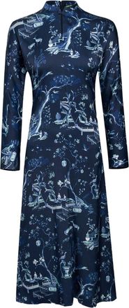 Shanghai Tang long-sleeve silk midi dress - women - Mulberry Silk - 40 - Blue