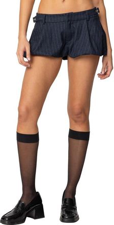 Edikted Buckled Pinstripe Bubble Shorts in Navy at Nordstrom, Size X-Small