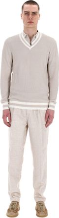 Eleventy V-Neck Cotton Sweater with Contrast Trim
