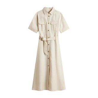 Woolrich Lange Tencel Overhemdjurk met Riem - Dames - Shirt Kleedjes - Beige - M - Kleedjes