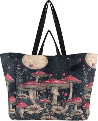 Generic Moon Mushroom Black print Reusable Canvas Tote Bag, Heavy Duty Grocery Shopping Bag with Hard Bottom Large Capacity Double Handles Work Groceries Trav