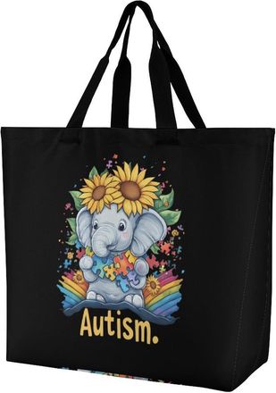 Generic Autism Elephant Large Reusable Shopping Bag Lightweight Foldable Tote Bags Washable Shoulder Handbag