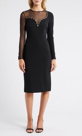 Vince Camuto Long Sleeve Beaded Crepe Midi Dress in Black at Nordstrom, Size 10
