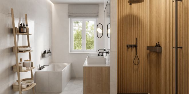 Badezimmer mit Holzverkleidung.