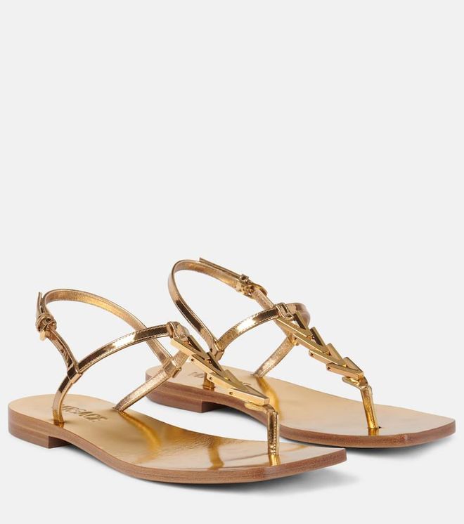 Metallic leather thong sandals