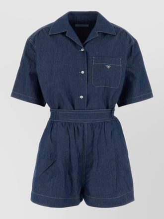 Prada chambray jumpsuit belted waist chest pocket short sleeves