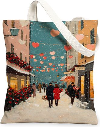 Generic Winter Hearts Canvas Tote Bags, Vintage Romantic Pattern Reusable Grocery Bags, Lightweight Washable Shoulder Strap Canvas, Multicolor, 13x15 Inch