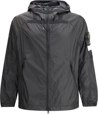 Stone Island Jassen, Heren, Zwart, S, Waterdichte Hoodie met Reflecterende Details
