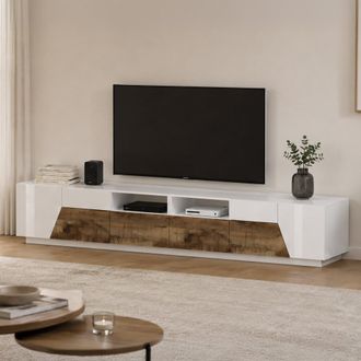 Dmora Dmora - Mueble Tv Para Sal&oacute;n, Made In Italy, Mueble Tv Con 4 Puertas Geom&eacute;tricas Y 2 Cajones, 260x43h46 Cm, Blanco Brillo Y Arce, Con Embalaje Reforza