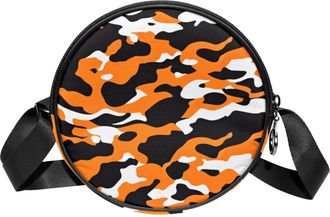 Generic Circle Crossbody Bag for Women, Orange Camouflage Small Sling Bag Daypack with Zipper Adjustable Shoulder Straps Casual Ladies Girls Round Purse