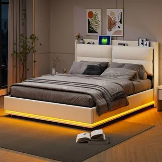 OEM Cama Con Cofres De Terciopelo 140x200 Cm Beige Con Almacenamiento Hidr&aacute;ulico, Led Integrada Y Puerto Usb
