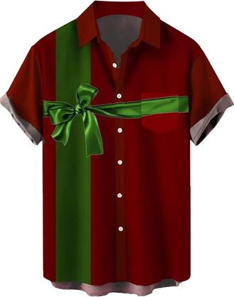 Generic Longra Funny Christmas Shirts for Men UK Ugly Xmas Shirts Print Tshirt Christmas Santa Button Down Shirt Short Sleeve Tops Snowflakes Pullover Pocket 