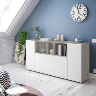 Dmora Aparador Paterson, Aparador Moderno Con 3 Puertas, Buffet De Sal&oacute;n Con Compartimentos, Aparador De Sal&oacute;n, Gabinete De Tv, Cm 150x41h76, Blanco Y Cemen