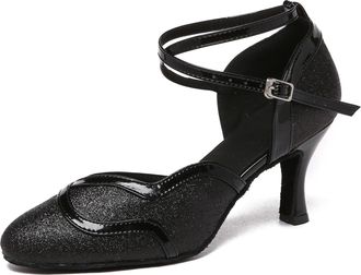 Minitoo Glitter Dance Shoes for Women Closed Toe Wedding Evening Party Pumps QJ7110 Black 7.5cm Heel UK 4.5