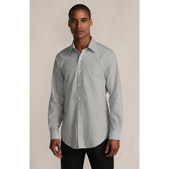 Lands End Solid No Iron Supima Pinpoint Straight Collar Dress Shirt in River Stone Green Stripe at Nordstrom, Size 17.5 - 34