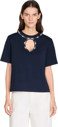 Sandro Rhinestone openwork T-shirt in Navy Blue at Nordstrom, Size X-Small