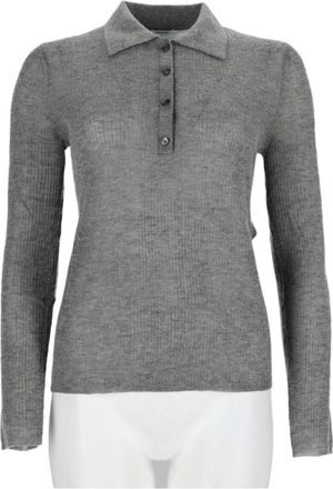 Aspesi Grey Ribbed Knit Wool-Blend Polo Sweater