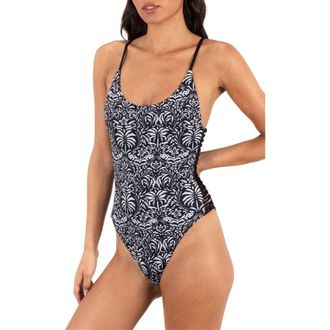 Hurley Ikat Palm One-Piece Swimsuit in Black /Coconut at Nordstrom, Size X-Large