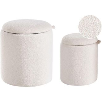 Beliani Set di 2 Pouf Contenitori Boucle Rotondi Imbottiti Morbidi Tessuto Bianco Sporco Berea