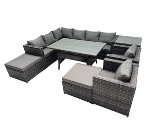 Fimous Outdoor PE Rattan Sofa Set with with 2 Big Stool Side Table in Dark Grey