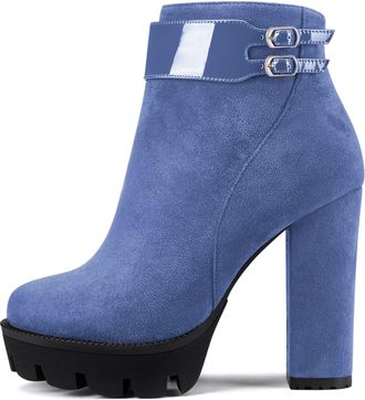 Castamere Women Chunky Block Platform High Heel Close Round Toe Ankle Boots Short Bootie Zipper Classic Boots Blue 5 UK