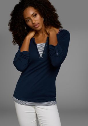 Kangaroos 2-in-1-Shirt KANGAROOS, Damen, Gr. 32/34, blau (marine, wei&szlig;), Obermaterial: 100% Baumwolle, unifarben mit Farbeins&auml;tzen, sehr figurbetont, Rundhals, 