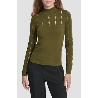 DKNY Grommet Cutout Detail Mock Neck Sweater in Dark Olive at Nordstrom, Size X-Small