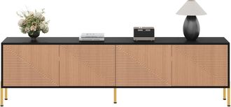 STILVORA Mueble Tv Con 4 Puertas Sin Tiradores Y Patas De Metal Dorado, Estilo Moderno, 179&times;35&times;53,5 Cm, Negro Natural