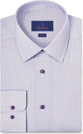 David Donahue Trim Fit Geometric Print Cotton Dress Shirt in White/Lilac at Nordstrom, Size 18.5 - 34