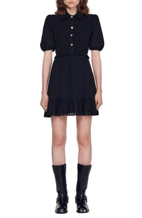 Sandro Smocked Puff Sleeve Minidress in Black at Nordstrom, Size 4