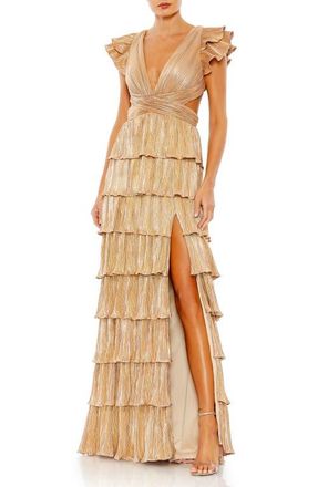 Mac Duggal Ruffle Tiered Criss Cross Lace Up Gown in Gold at Nordstrom, Size 14